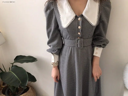 2021 Autumn Spring Basic Belt Plaid Shirt Dress Long Maxi Feminine Vestidos Chic Korea Design Clothes