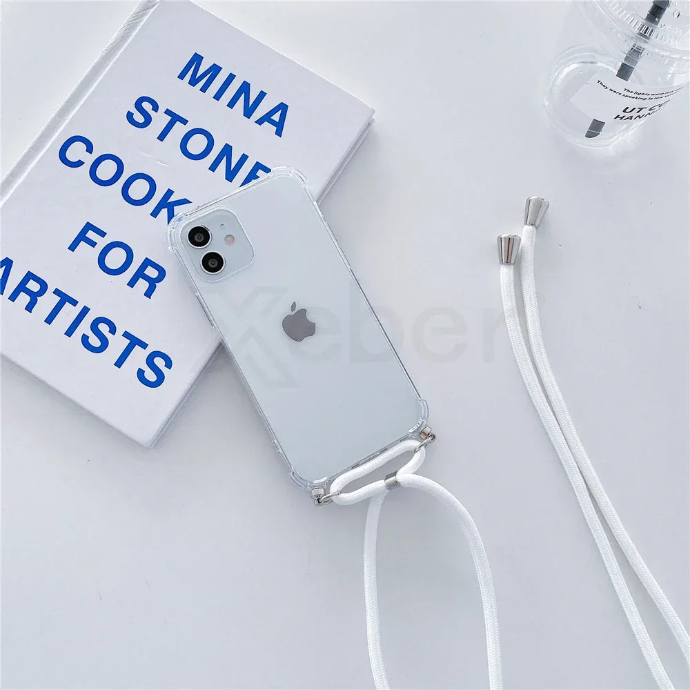 Necklace Lanyard Strap Chain Phone Case For iPhone 16 15 14 13 Pro Max 12 11 XS X XR Mini 7 8 Plus Transparent Soft Rope Cover