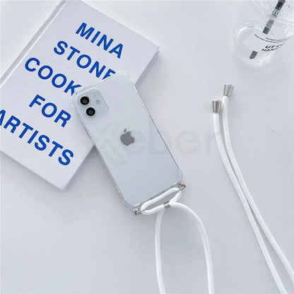 Necklace Lanyard Strap Chain Phone Case For iPhone 16 15 14 13 Pro Max 12 11 XS X XR Mini 7 8 Plus Transparent Soft Rope Cover
