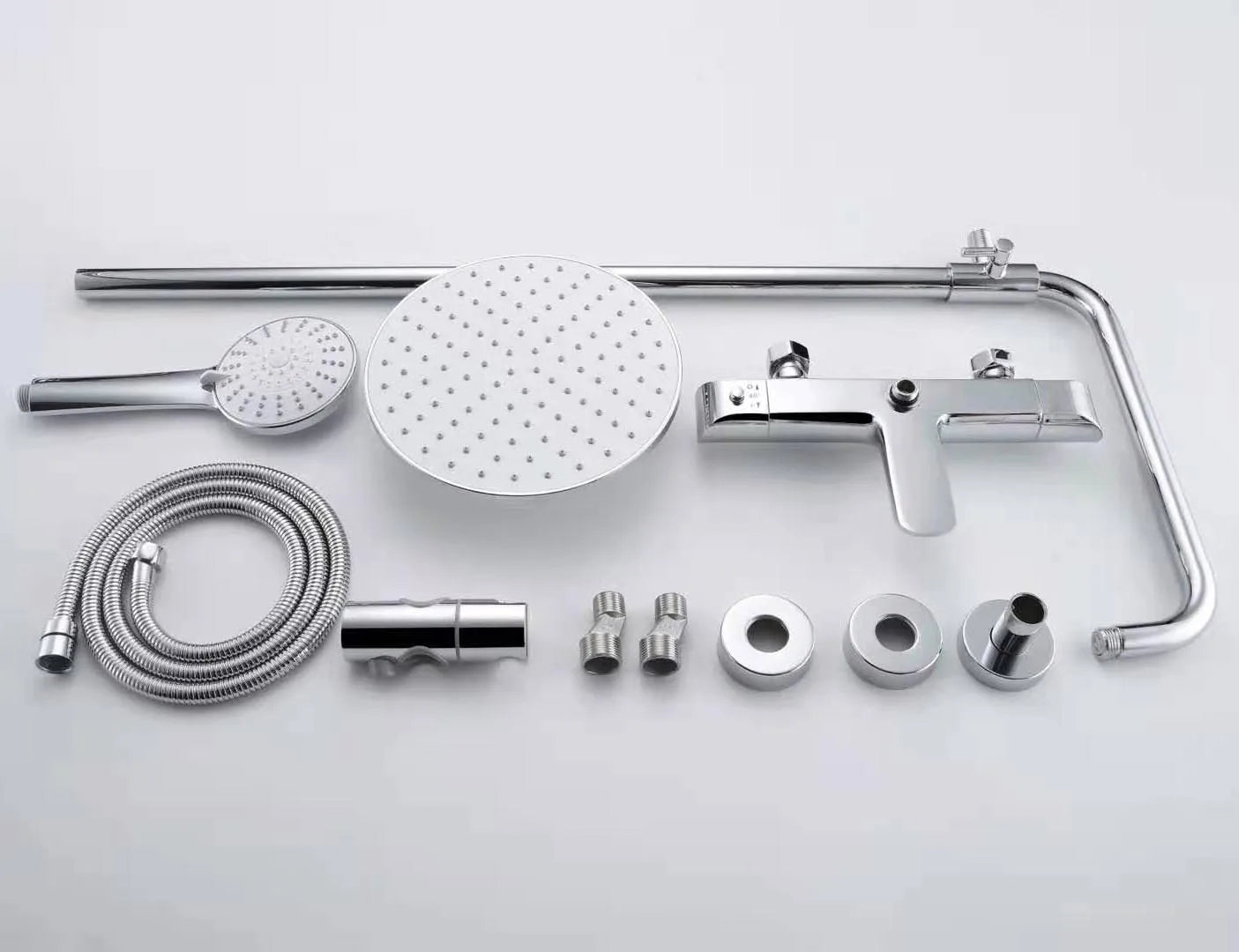 Chrome Brass Thermostatic Shower Column Set Dual Handle Rainfall Shower System with Handheld Spray for Modern Bathroom Luxury