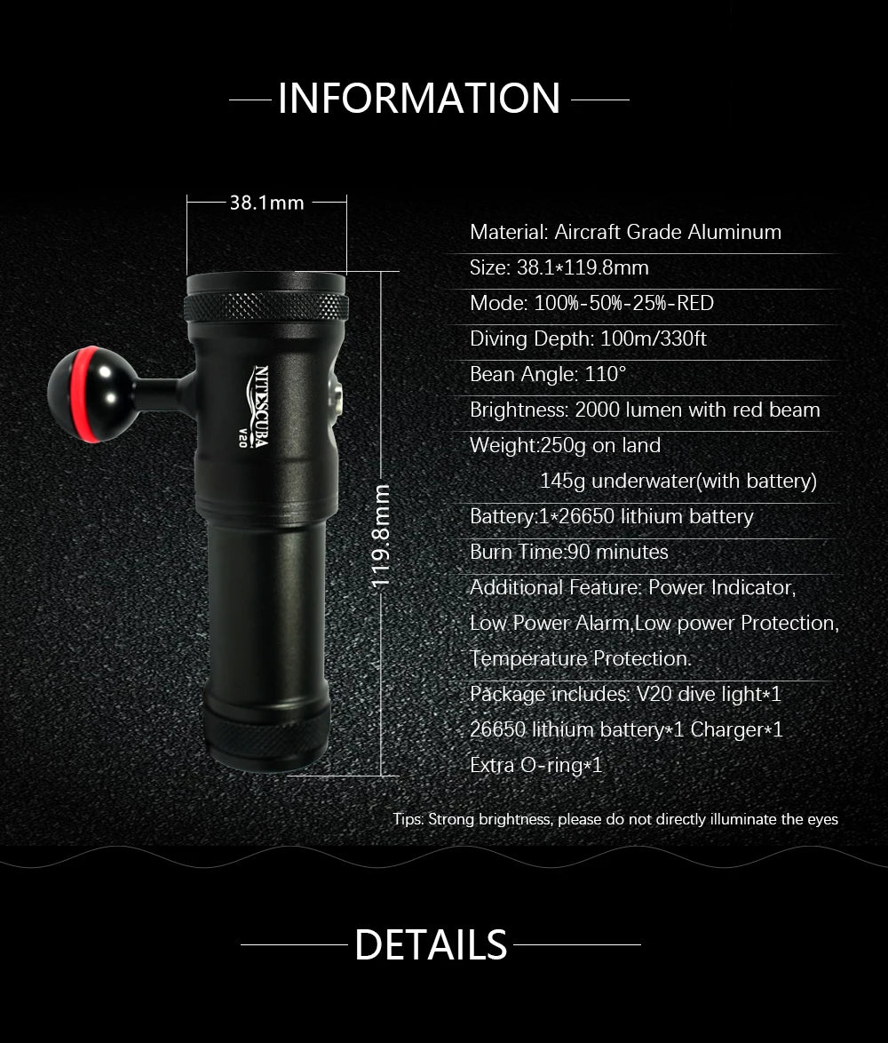 Nitescuba V20 Diving Led Video Light Glare 2000 Lumen Astigmatism Lamp Focus With Red Light Tg6 Gopro Underwater Photography