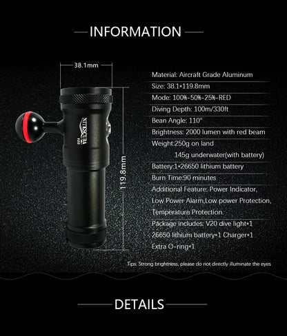 Nitescuba V20 Diving Led Video Light Glare 2000 Lumen Astigmatism Lamp Focus With Red Light Tg6 Gopro Underwater Photography
