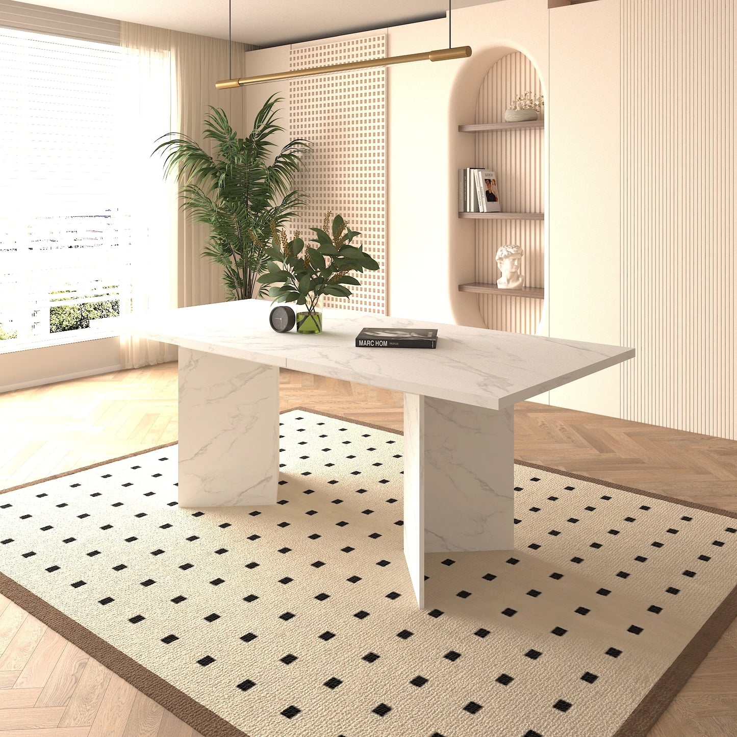 Extendable Dining Room Table for 6-10 Modern Faux Marble Wooden Long Large Rectangular Expanding Conference Kitchen Table White