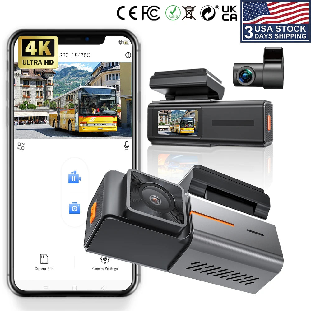 US Stock 3-Day Shipping 4K Dash Cam Front and Rear 4k Car 2 Channel DashCams WiFi Dvr 4k Night Vision Dash Cam Car Cameras