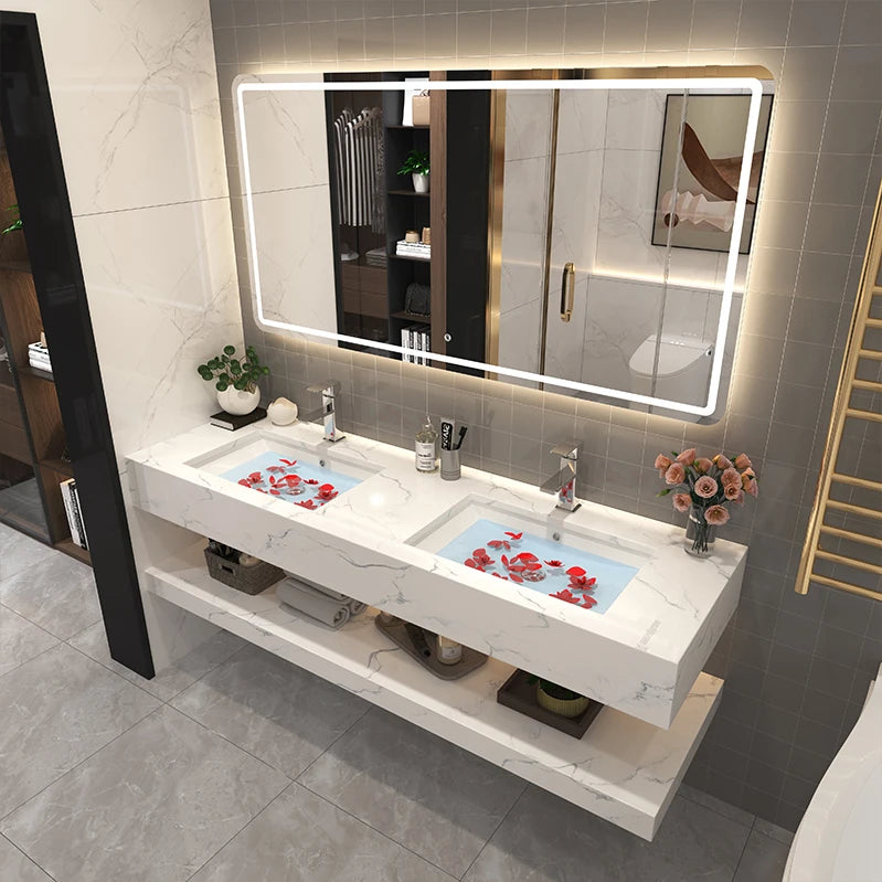 Stainless Steel Bathroom Vanities With LED Light Touch Screen LED Mirror Fashionable Rock Board LED Mirror Cabinets