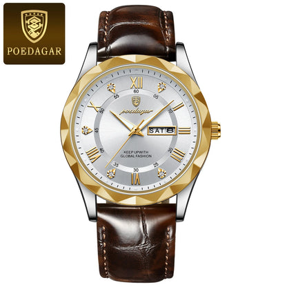 POEDAGAR Watches for Men Classic Luxury Week Display Sports Quartz Watch Mens Waterproof Leather Band Date Wristwatches Male