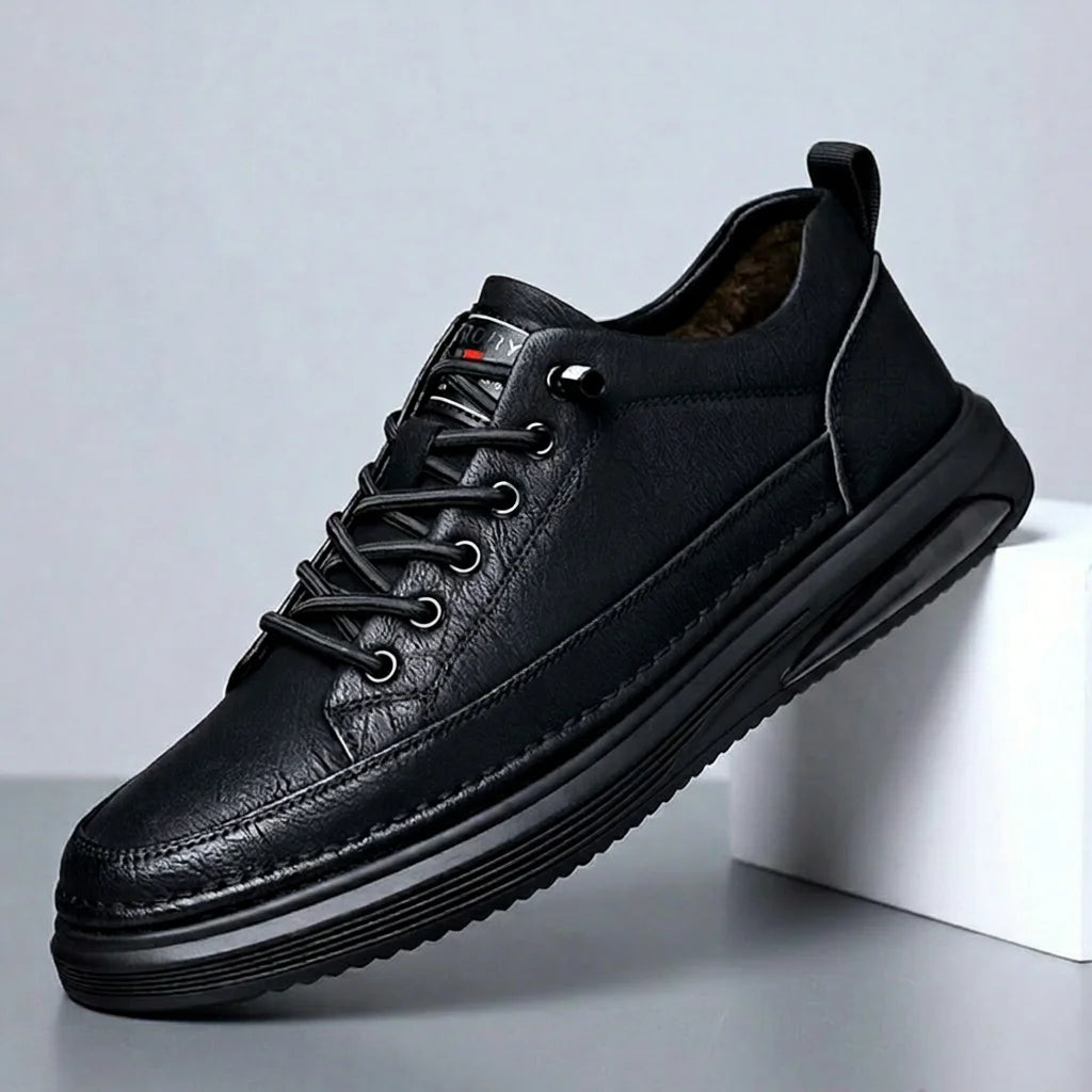 Men's Genuine Leather Lace-up Chunky Shoes Round Toe Plush Lining Breathable Rubber Outsole Spring Casual Sneakers