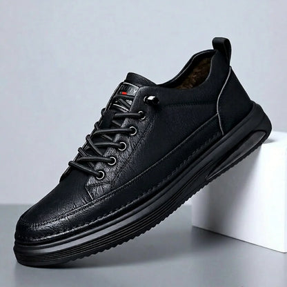 Men's Genuine Leather Lace-up Chunky Shoes Round Toe Plush Lining Breathable Rubber Outsole Spring Casual Sneakers
