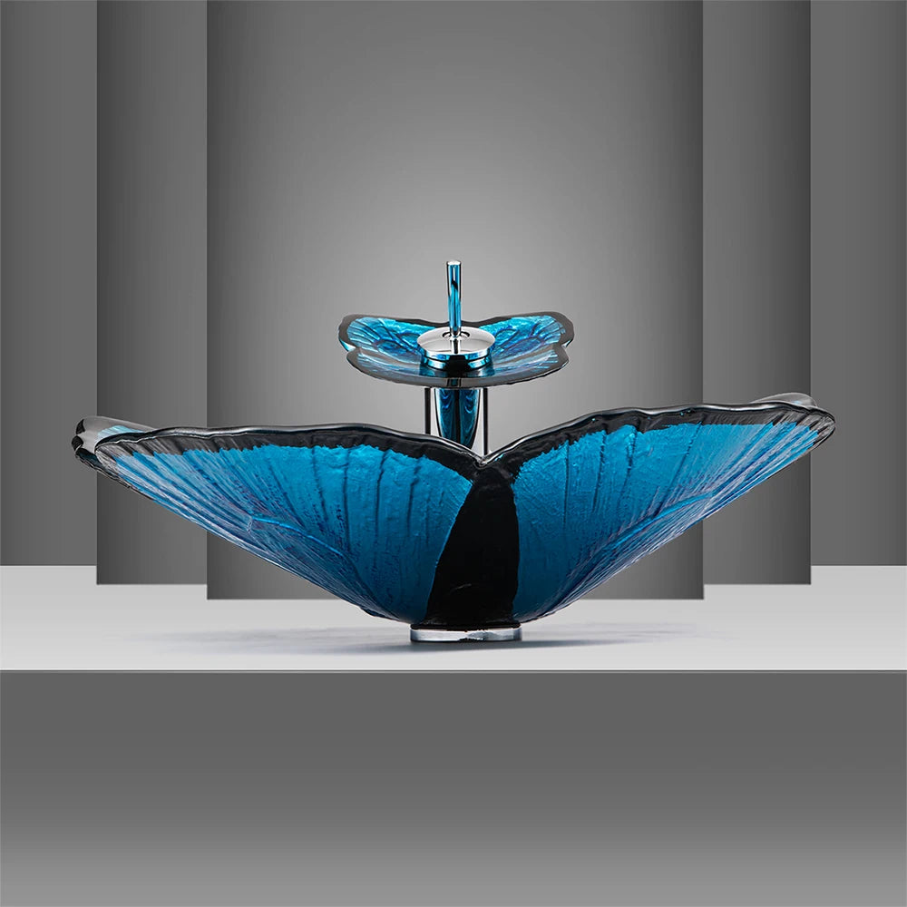 Deluxe Blue Art butterfly Tempered Glass Table Top Wash Basin for Public Toilet Family Bathroom Hotel Shower Room Sinks