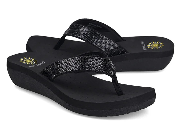 Best Selling Womens Slides Quality Rhinestone Slope Heel Flip-flops Non-slip Elastic Insoles Korean Fashion Summer Sandals