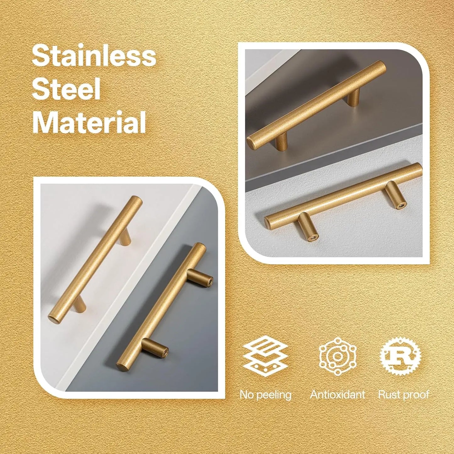 LiLong Hardware 10 Pack Hollow Stainless Steel Cupboard Handles 5 Inch (128mm) Kitchen Drawer Pulls 3'' Hole Center Gold Made