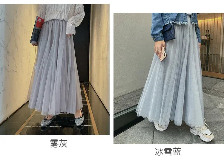 TingYiLi Elegant Tulle Skirt Autumn Winter Big Swing Women Skirt Korean Cute Pink Green Gray Blue Brown Black Long Skirt Tutu