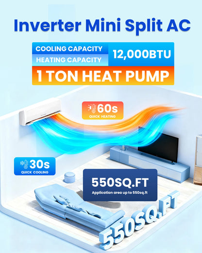Bestcold 110V Mini Split Air Conditioner 12000 BTU Ductless Heat Pump Inverter AC for North America Home Garage and Workshop