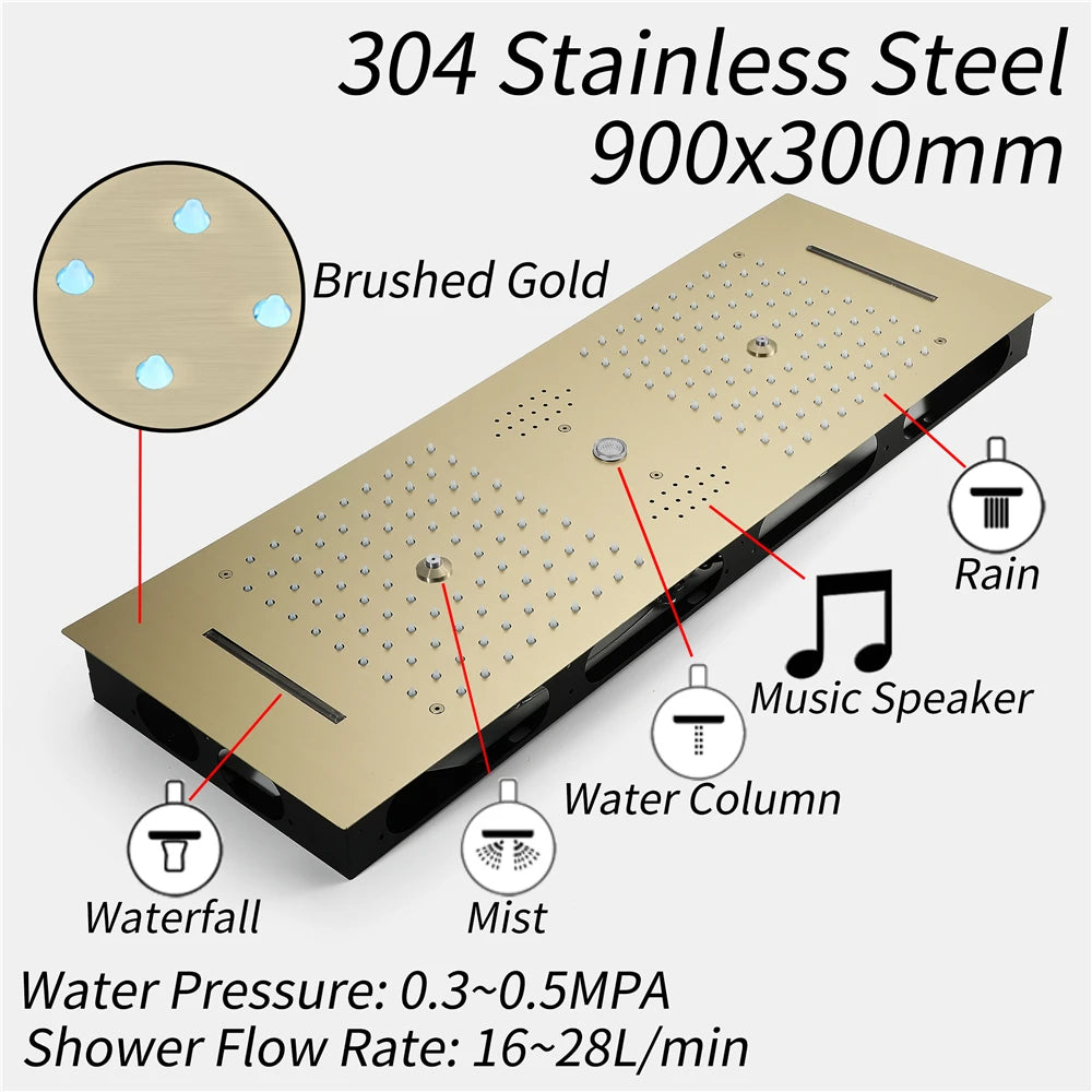Brushed Gold Brass 36*12inch Music Led Water Column Rain&Waterfall Shower Head Temperature Display Touch Control Apartment
