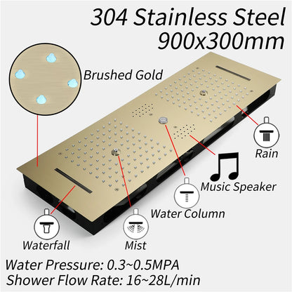 Brushed Gold Brass 36*12inch Music Led Water Column Rain&Waterfall Shower Head Temperature Display Touch Control Apartment