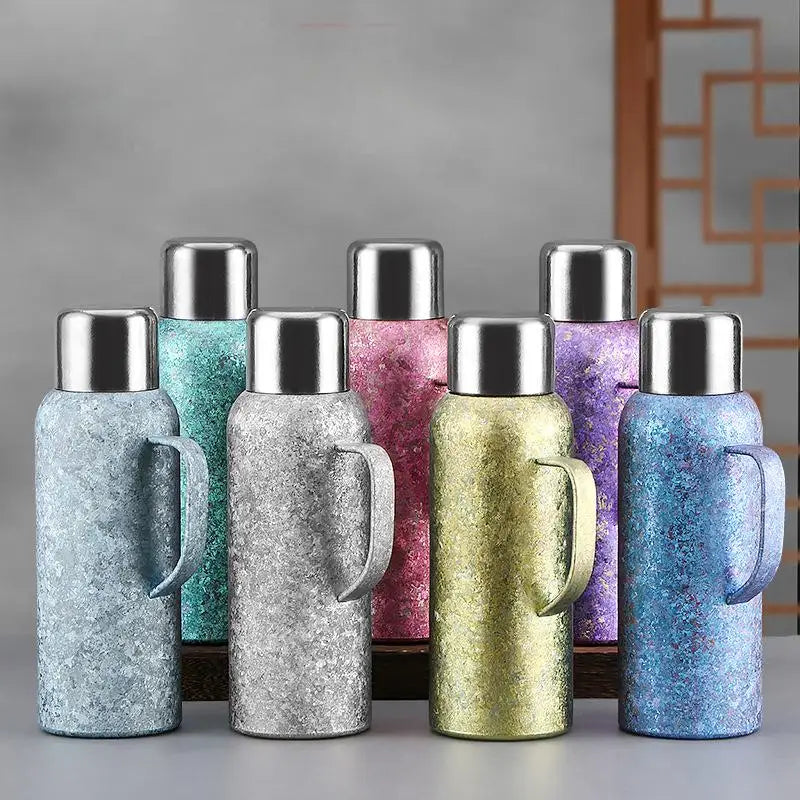 Large Capacity Leak-Proof Titanium Insulated Thermos Bottle with Mechanical Temperature Display Lid and Handle for Camping
