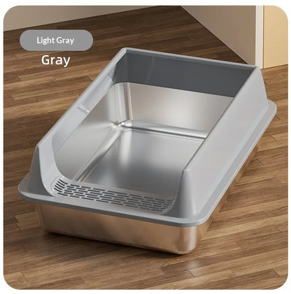 Stainless Steel Semi-closed Rectangular Cat Litter Box with Top-in Lid Anti-splash High Fence Pet Cleaning