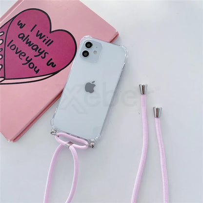 Necklace Lanyard Strap Chain Phone Case For iPhone 16 15 14 13 Pro Max 12 11 XS X XR Mini 7 8 Plus Transparent Soft Rope Cover