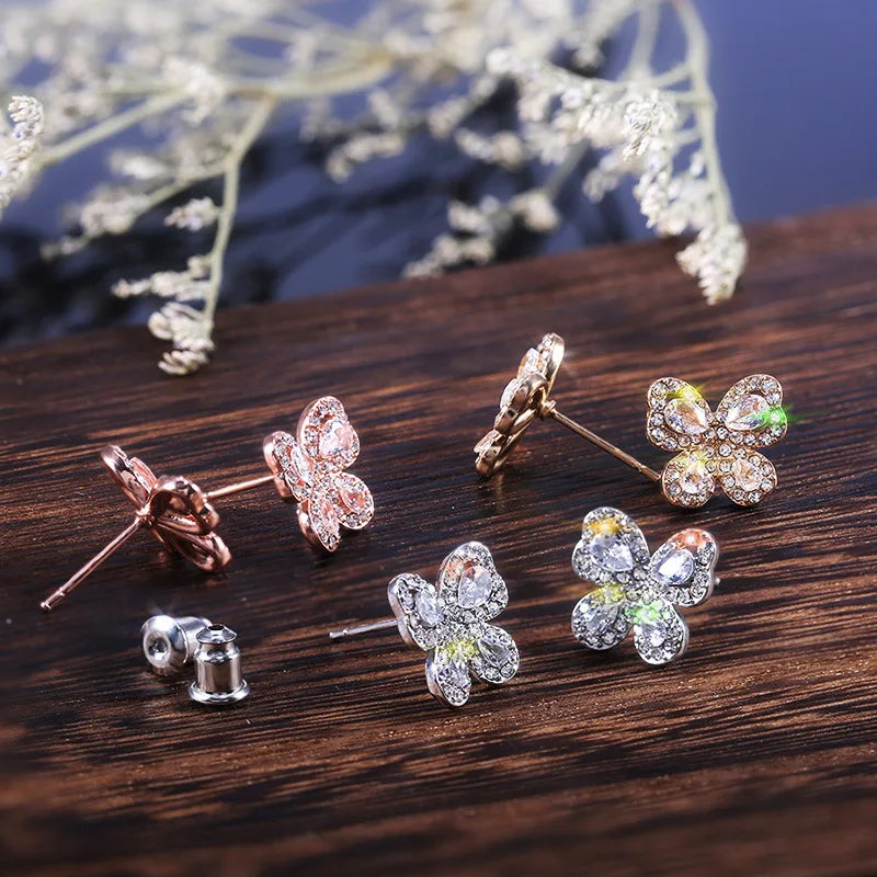 Rose Gold Flower Crystal Earrings Women's Romantic Party Jewelry Circling Setting White