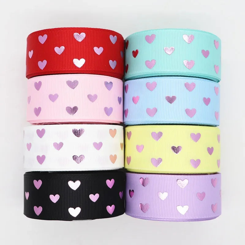 5 Yards 1" 25MM Valentine's Day Pink Gold Heart-Shaped Printed Ribbon For Hair Bows DIY Crafts Handmade Accessories M20012103