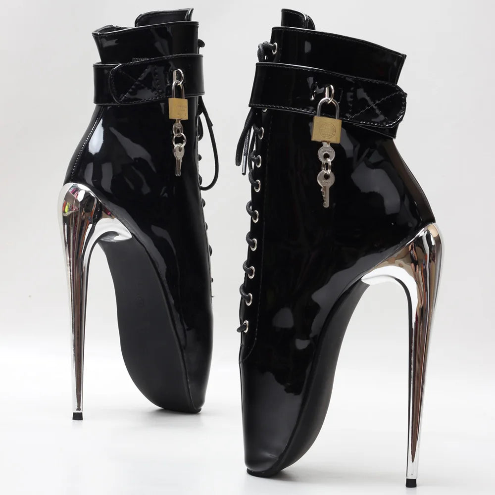 JIALUOWEI New 7Inch Stiletto High Heel Lock Wrap Strap Ankle Length Fetish Ballet Boots In Stock Shipping Fast