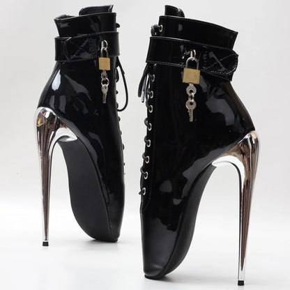JIALUOWEI New 7Inch Stiletto High Heel Lock Wrap Strap Ankle Length Fetish Ballet Boots In Stock Shipping Fast