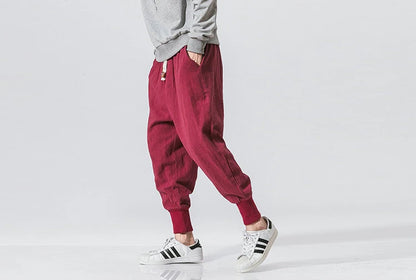 Cotton Linen Harem Pants Men Solid Elastic Waist Streetwear Joggers New Baggy Drop-crotch Pants Casual Trousers Men