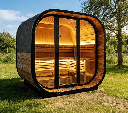 Premium Solid Wood outdoor cube sauna Tradition L-Shaped Double-Tiered Bench black sauna room with 220-240V sauna stove