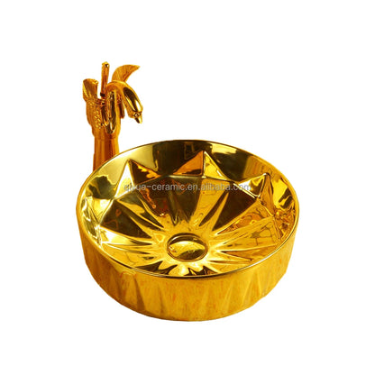 Hot Sale Golden Plated Hand Wash Basin Round Bathroom Gold Ceramic Sink for Home