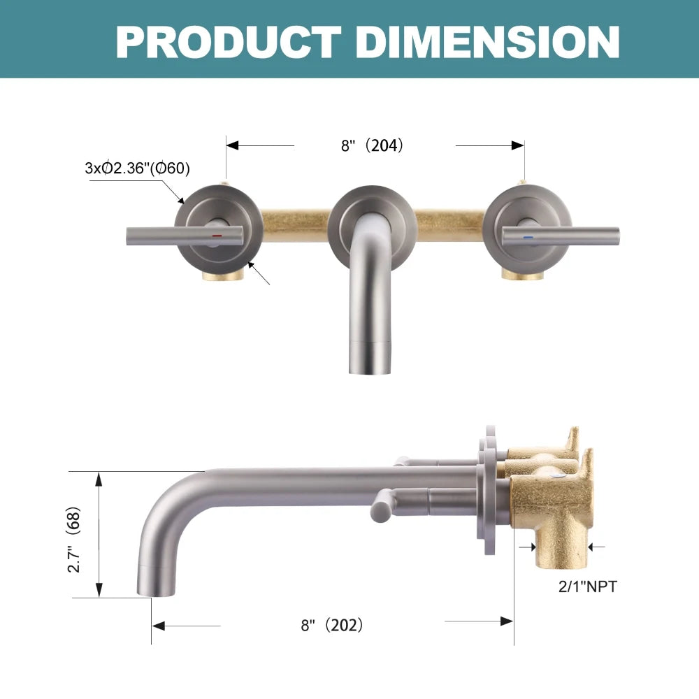 8 Inch Long Spout Reach Bathroom Sink Faucet Wall Mounted Two Handles Washbasin Faucet Rough-in Valve Chrome Wall Faucet
