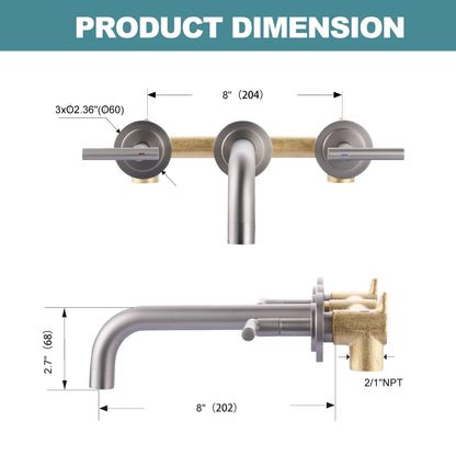 8 Inch Long Spout Reach Bathroom Sink Faucet Wall Mounted Two Handles Washbasin Faucet Rough-in Valve Chrome Wall Faucet
