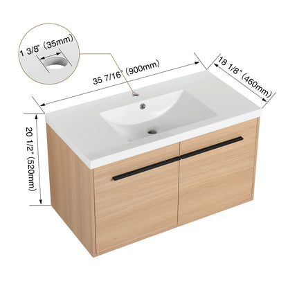 36 Inch Oak Floating Bathroom Vanity Engineered Wood Resin Integrated Sink 2 Doors US Stock Homein