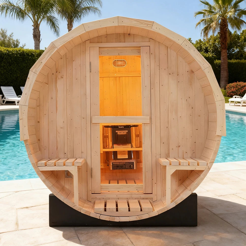 Luxury 6-Person Outdoor Barrel Sauna with Steam Generator | All-in-One Premium White Pine Home Spa Kit for Backyard Relaxation