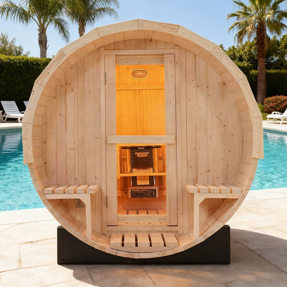 Luxury 6-Person Outdoor Barrel Sauna with Steam Generator | All-in-One Premium White Pine Home Spa Kit for Backyard Relaxation