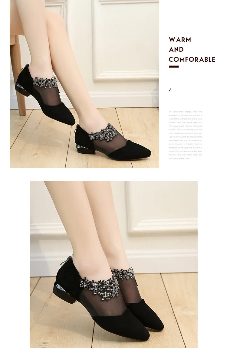 Women 2025 Summer Fashion Black Lace Rhinestone Sandals Flowers Low Heel Sandals Mesh Plus Size Sandalias Mujer Casual Shoes