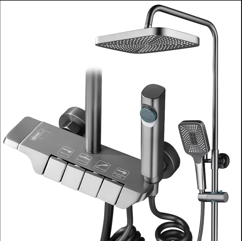 Deao 2024 New Designer Exposed Gray Color 4 Push Button Piano Key Digital Shower Faucet Mixer Set With Rainfall Shower Head