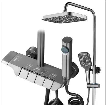Deao 2024 New Designer Exposed Gray Color 4 Push Button Piano Key Digital Shower Faucet Mixer Set With Rainfall Shower Head