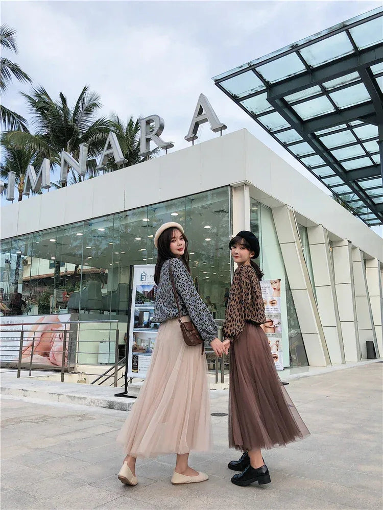 TingYiLi Elegant Tulle Skirt Autumn Winter Big Swing Women Skirt Korean Cute Pink Green Gray Blue Brown Black Long Skirt Tutu