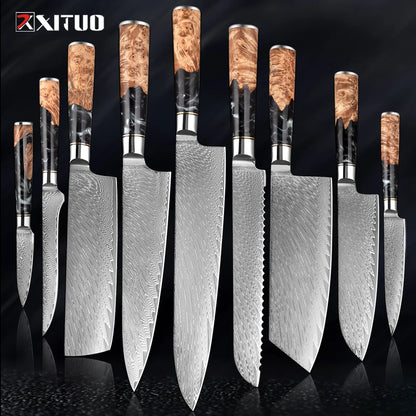 XITUO 1-9 Pieces Damascus Steel Kitchen Knives Set Sharp Chef Knife Black Resin Handle Kitchen Utility Cutting Tools