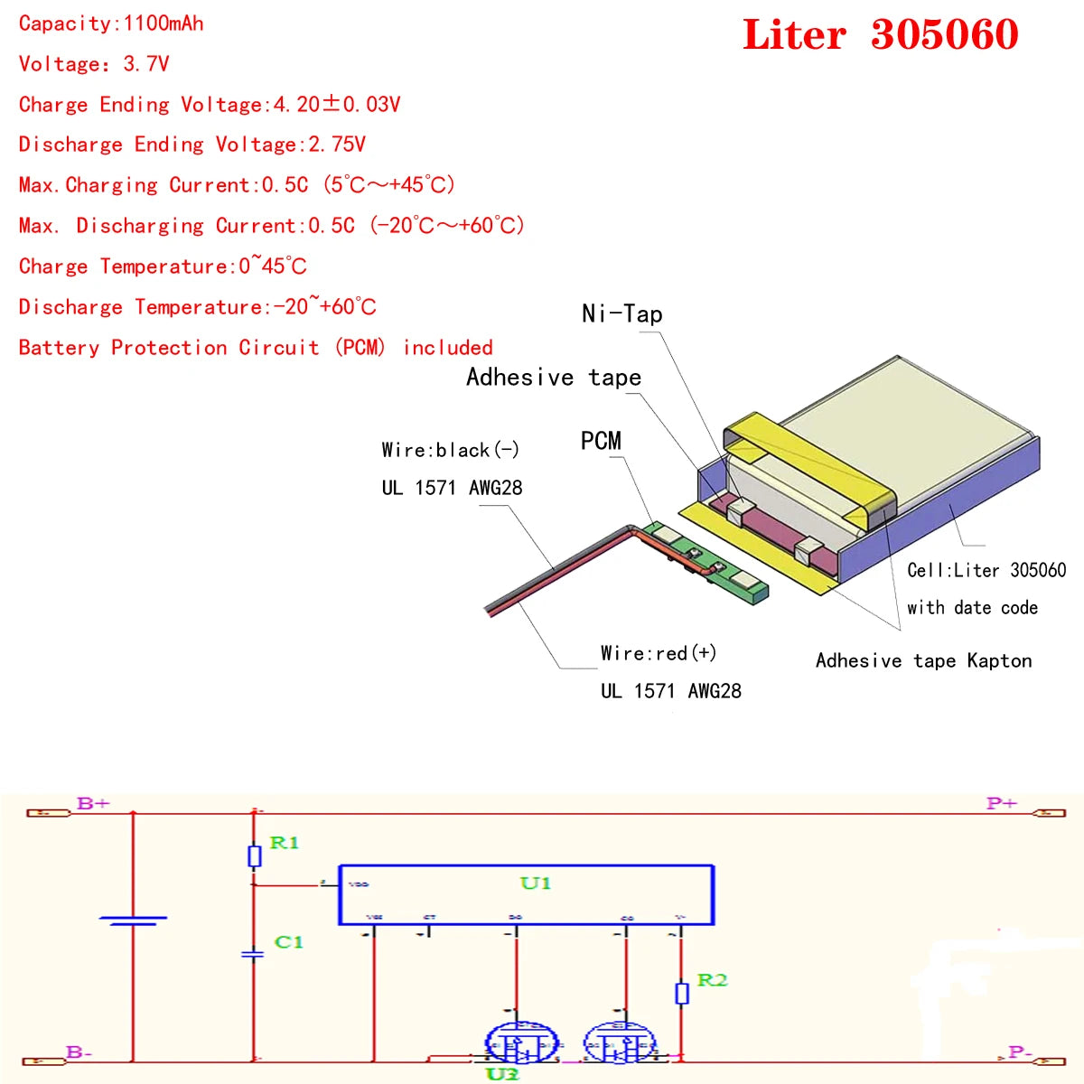 High Quality  305060 1100mah  3.7v Rechargeable Lithium-ion Battery