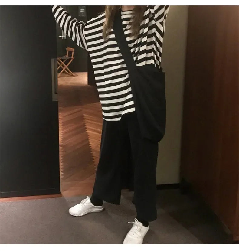 spring Autumn Women harajuku Striped Tshirt Long Sleeve O-Neck T-Shirts ulzzang Korean Casual  T Shirt Femme black Tops