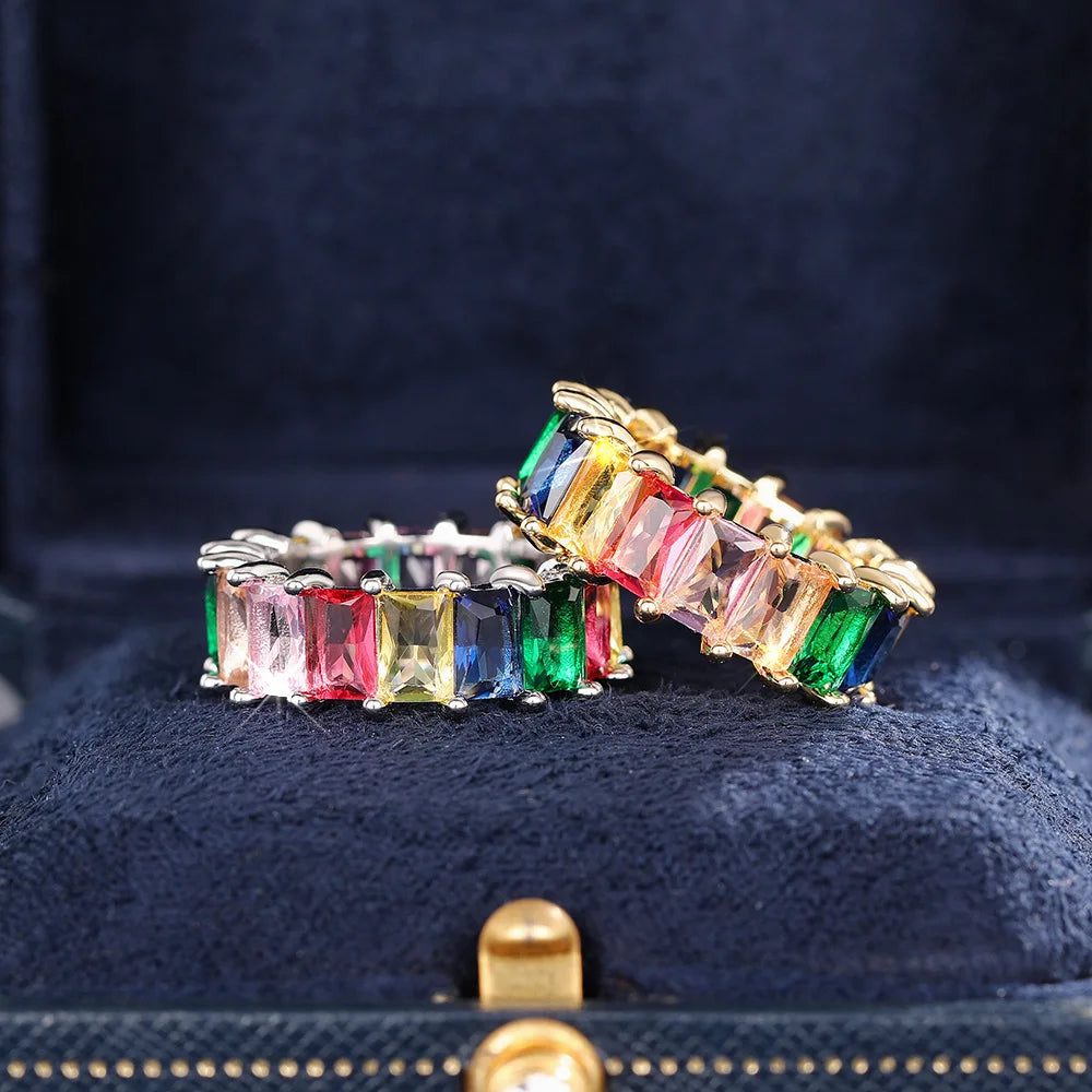 T0444 Geometric Gemstone Ring Cubic Zirconia Emerald Cut Prong Setting Unisex Party Fashion Rings