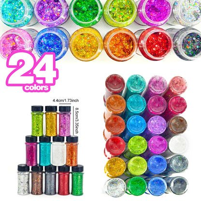 Hot Selling Solvent Resistance Mixed Chunky Glitter Bulk Nail Mugs Crafts Polyester Glitter in 2oz 24 Colors in Shaker
