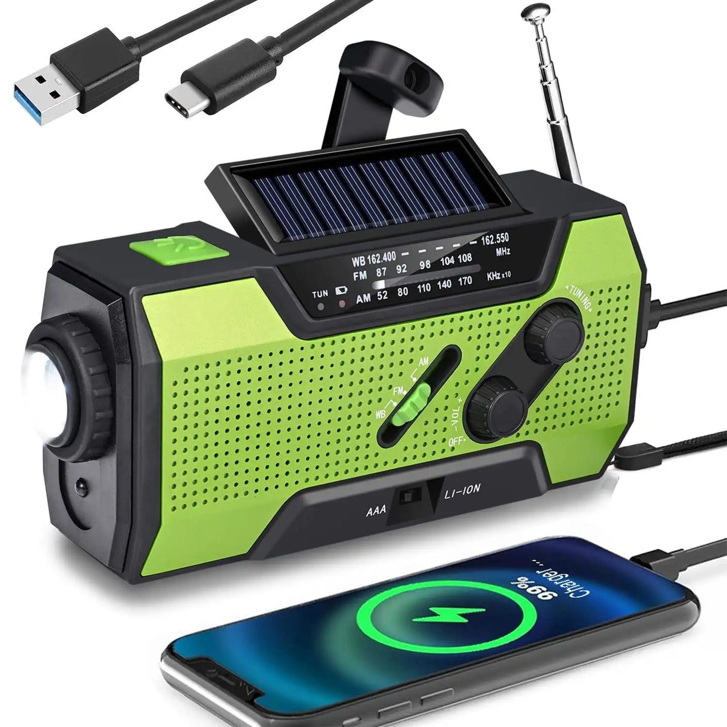 CE Certified 2000mAh Solar NOAA Radio LED Multi-Power Source for Wildfire Safety Flashlight Clock Internet Radio FM Radio
