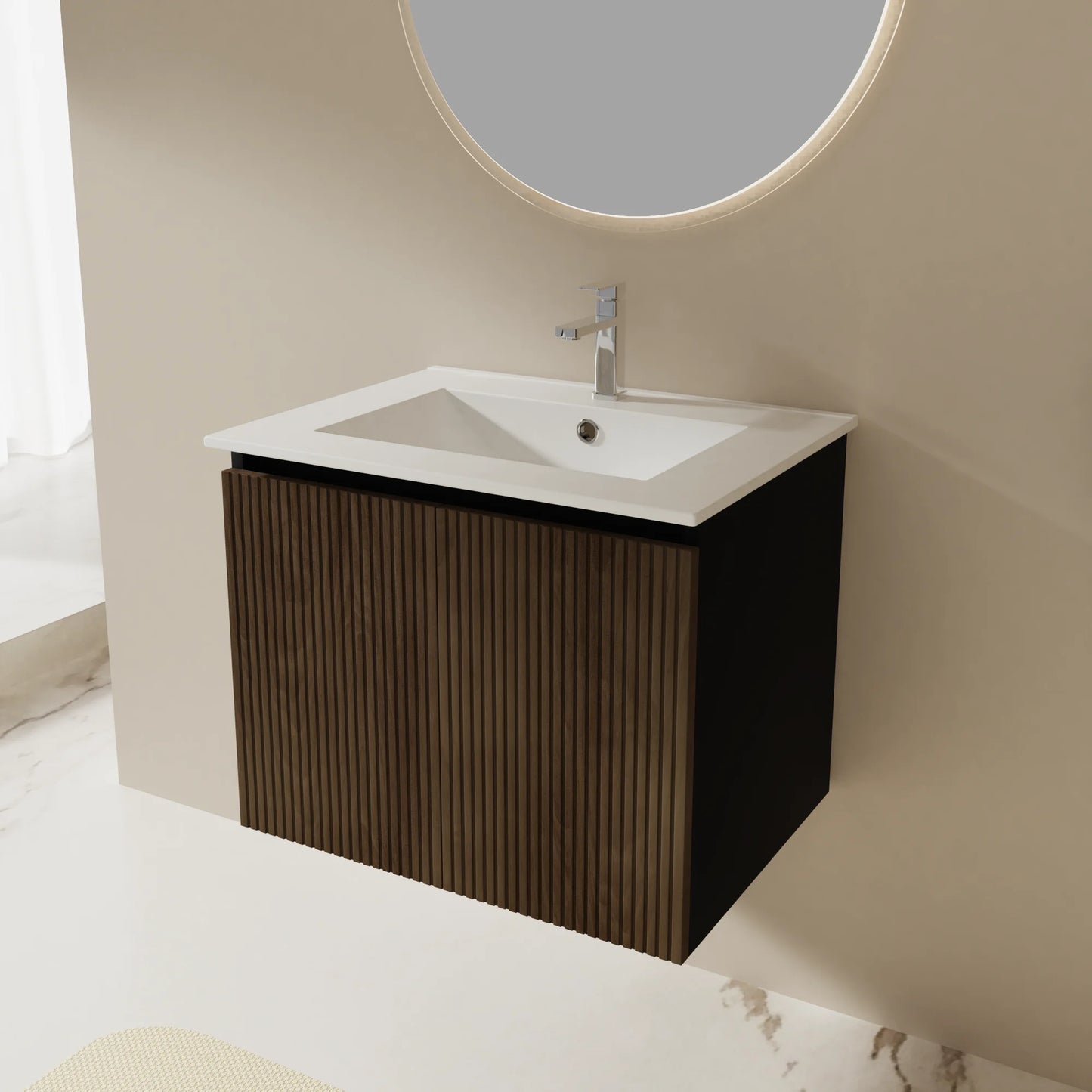 US Warehouse Floating Storage Cabinet Combo W/ Black Towel Rack, Black&Walnut 24" Wall-mount Bathroom Sink Vanity