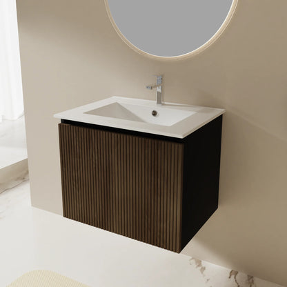 US Warehouse Floating Storage Cabinet Combo W/ Black Towel Rack, Black&Walnut 24" Wall-mount Bathroom Sink Vanity