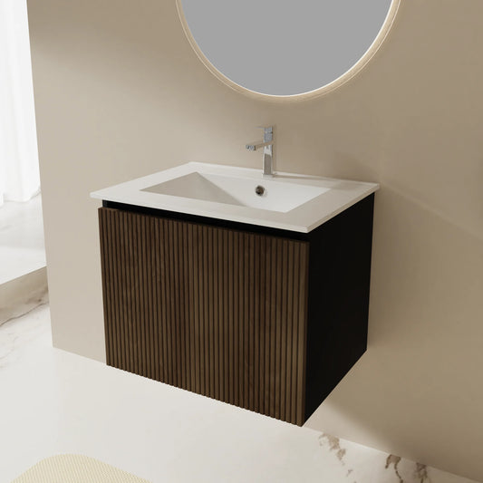 US Warehouse Floating Storage Cabinet Combo W/ Black Towel Rack, Black&Walnut 24" Wall-mount Bathroom Sink Vanity by PDG ibma