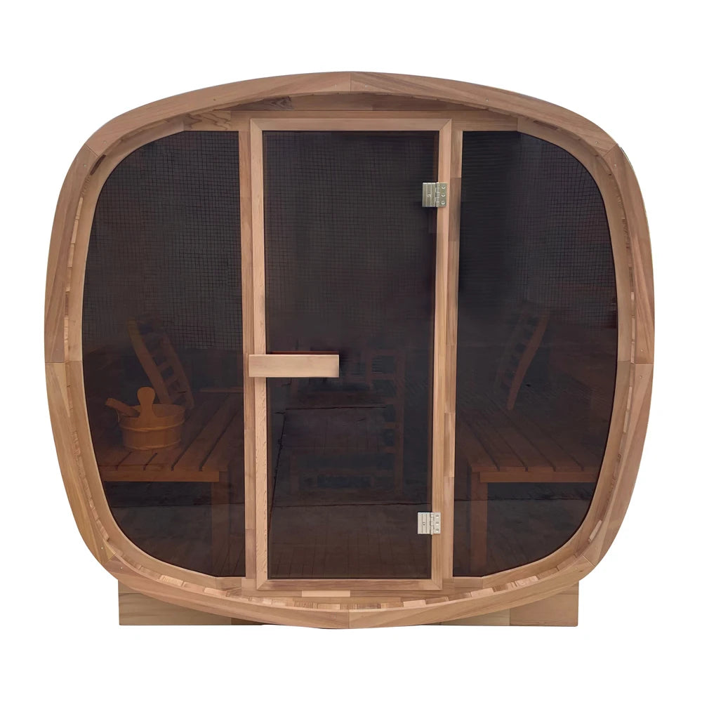 4 People Outdoor-style Traditional Sauna Room with Spliced Red Cedar square Frame and Tea-colored Glass Steam Sauna