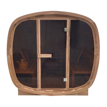 4 People Outdoor-style Traditional Sauna Room with Spliced Red Cedar square Frame and Tea-colored Glass Steam Sauna