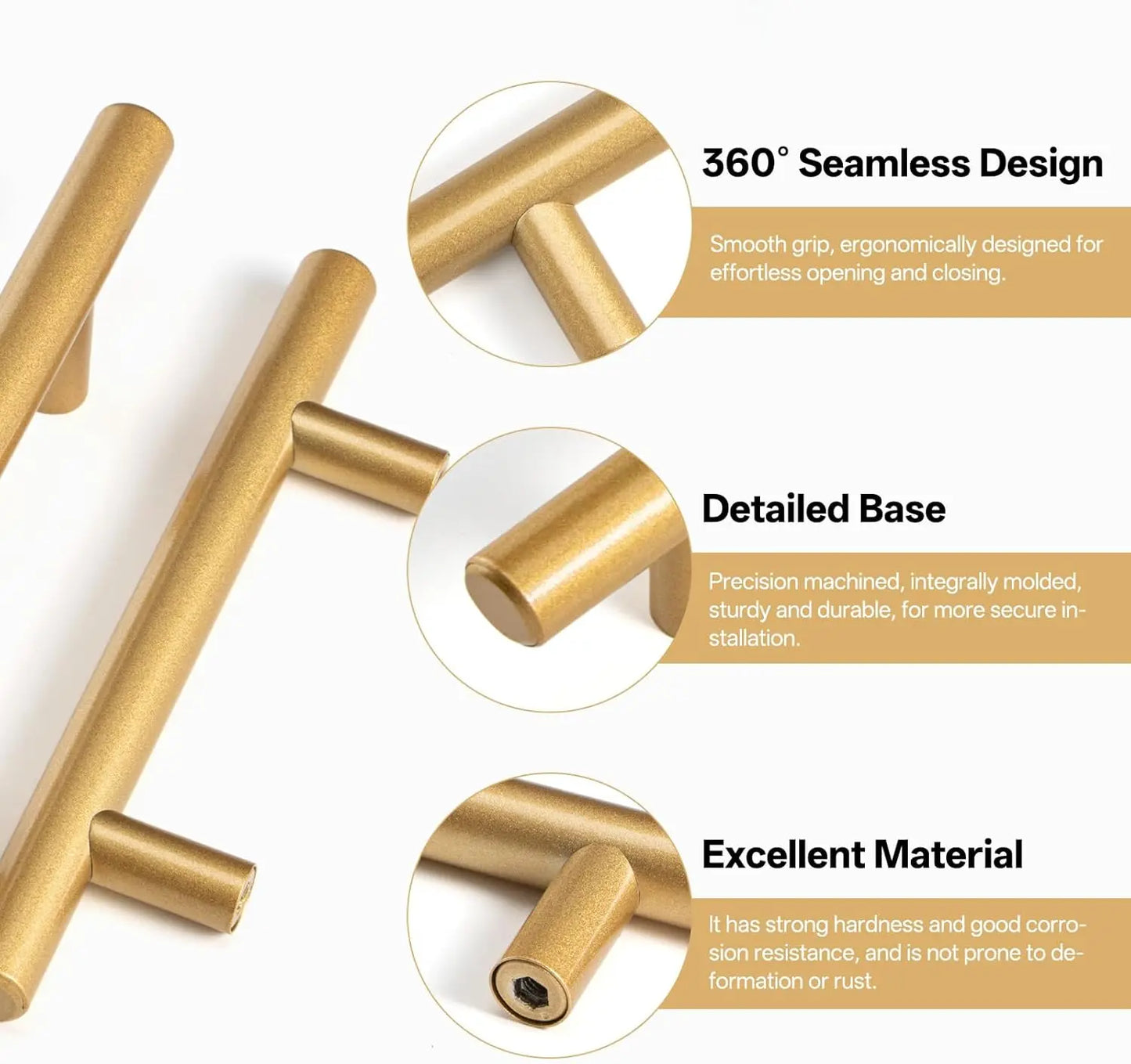 LiLong Hardware 10 Pack Hollow Stainless Steel Cupboard Handles 5 Inch (128mm) Kitchen Drawer Pulls 3'' Hole Center Gold Made